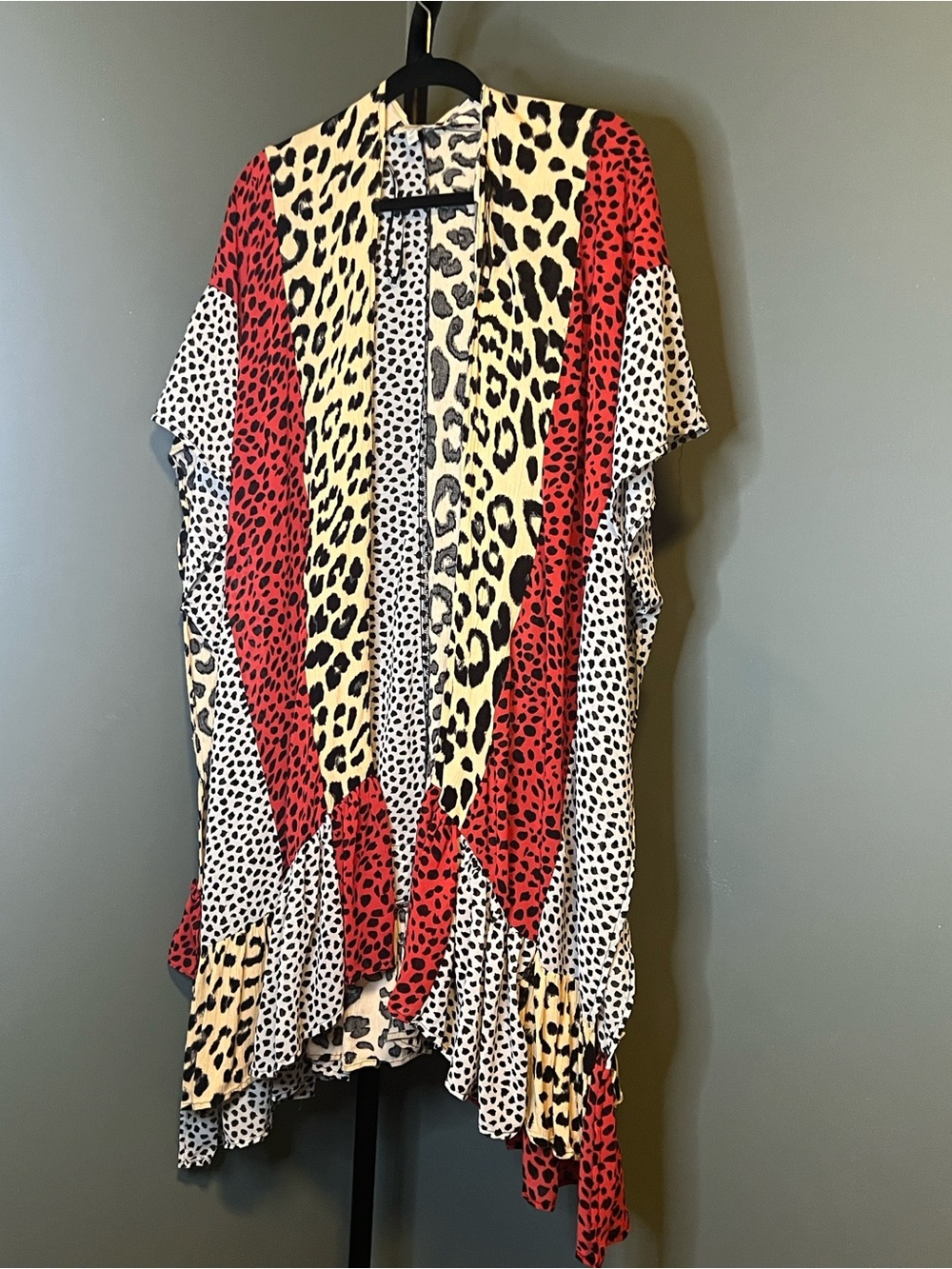Umgee Red Cream Black Mixed Animal Print Kimono Cardigan